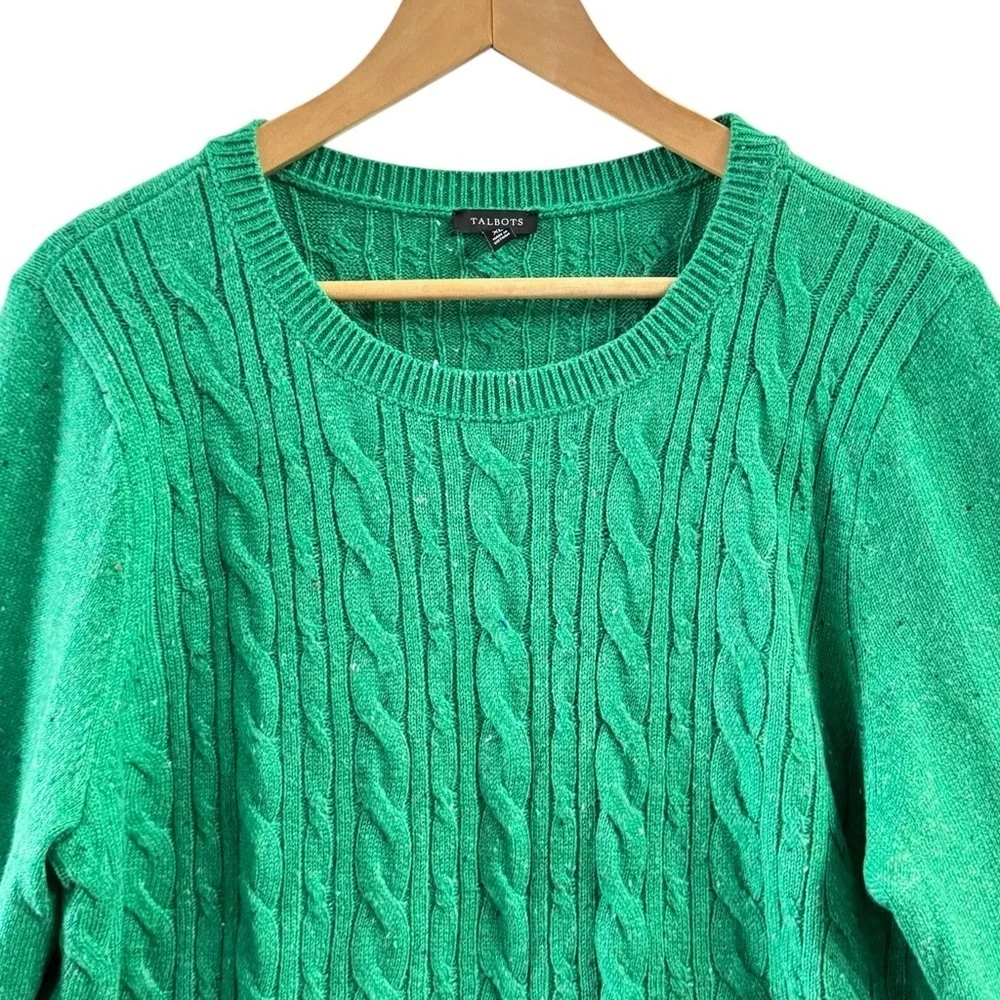 Talbots Green Cable Knit Sweater Women’s XL Crewneck Button Cuff